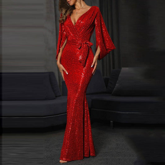 Elegant Sparkly Fishtail Evening Dress with V-Neck