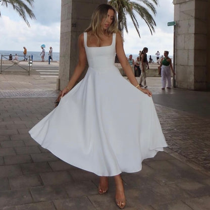 Elegant Square Collar Sleeveless High Waist Dress