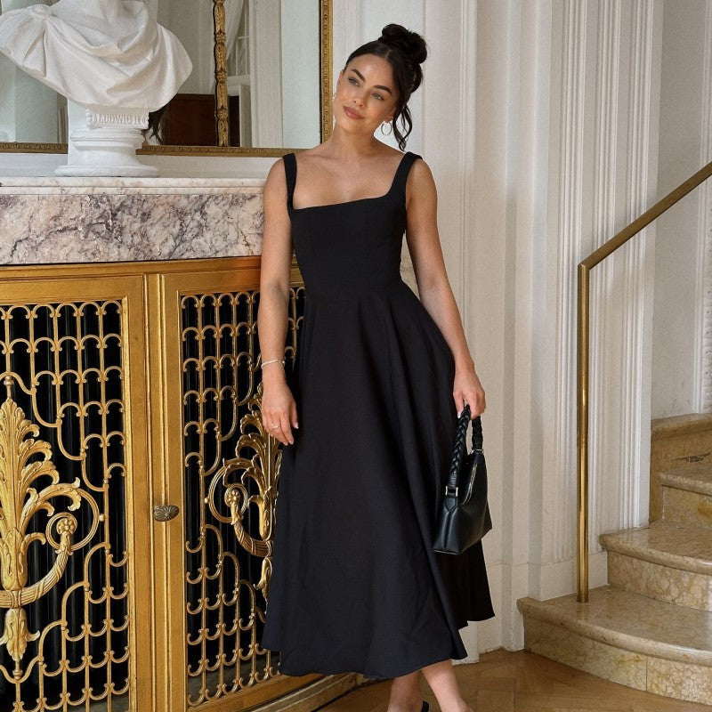 Elegant Square Collar Sleeveless High Waist Dress