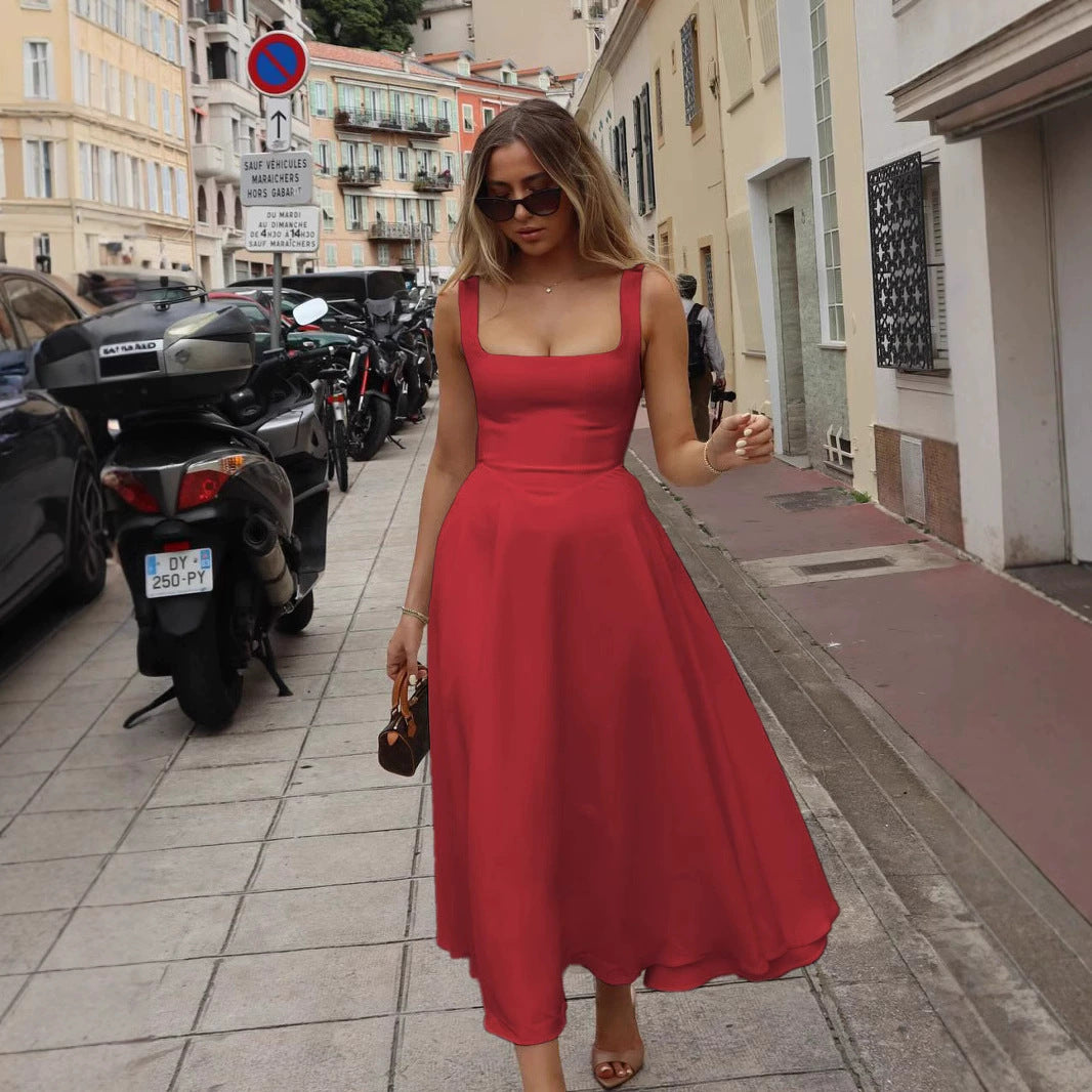 Elegant Square Collar Sleeveless High Waist Dress