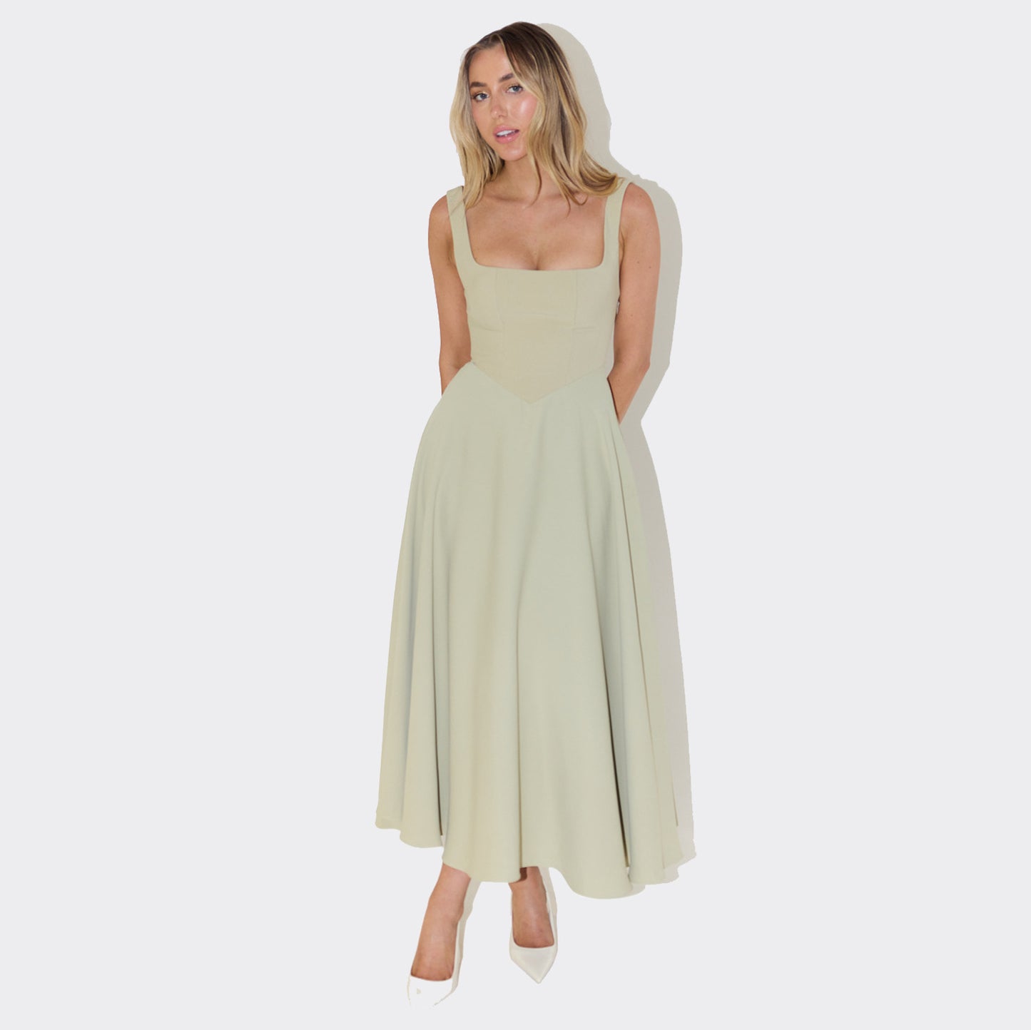 Elegant Square Collar Sleeveless High Waist Dress