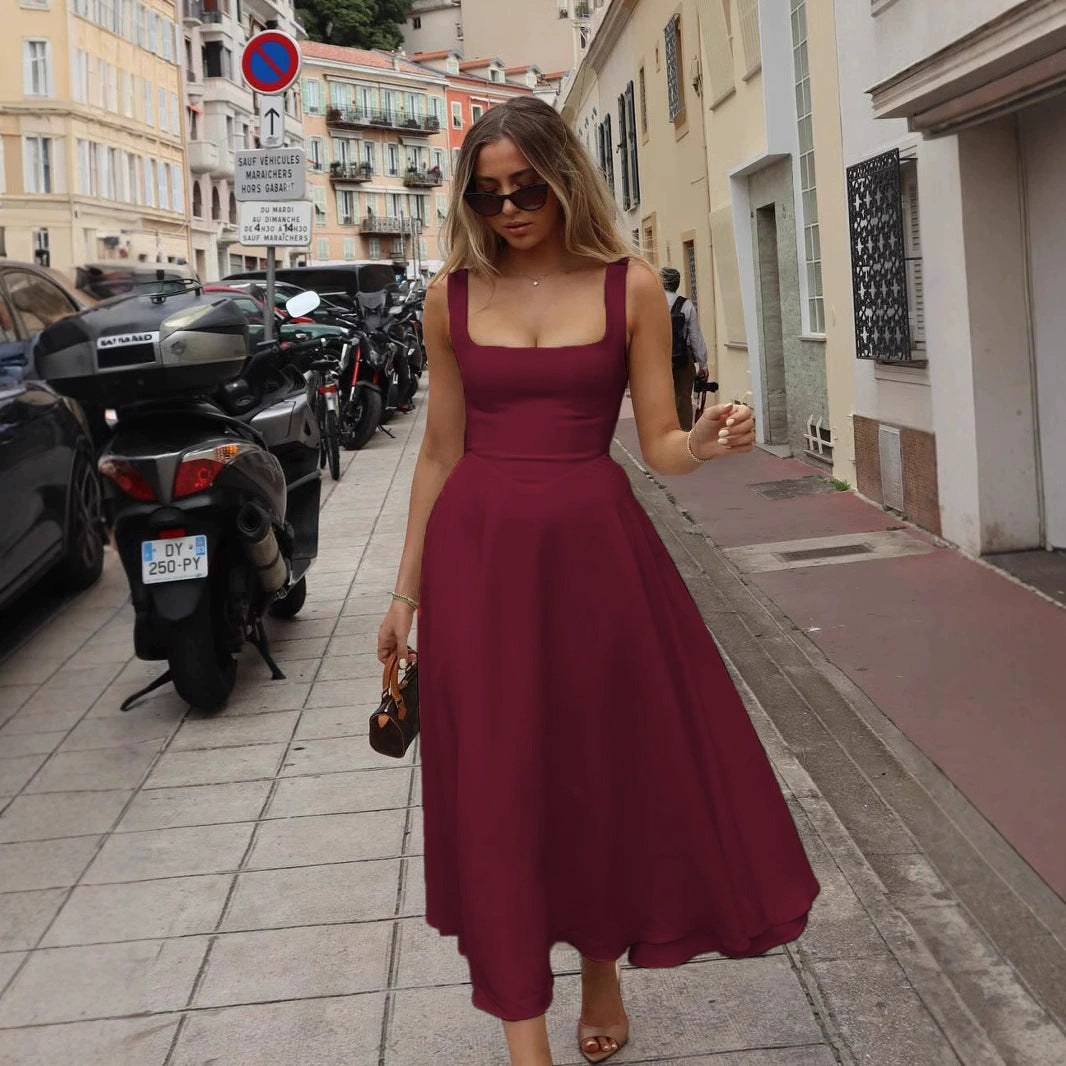 Elegant Square Collar Sleeveless High Waist Dress