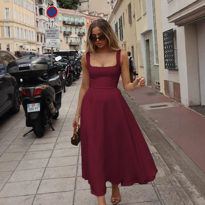 Elegant Square Collar Sleeveless High Waist Dress