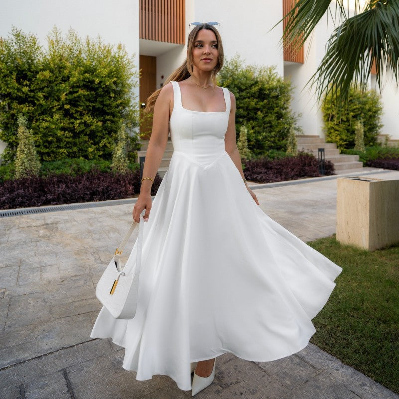 Elegant Square Collar Sleeveless Waist Sling dress Women