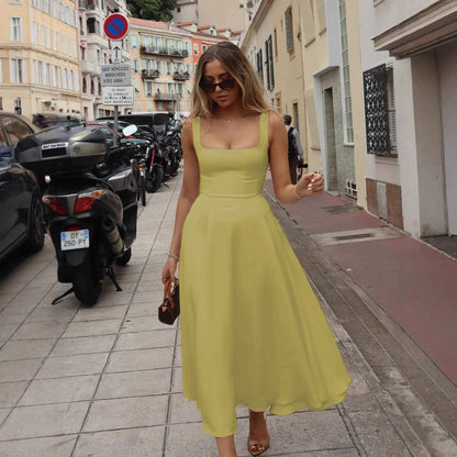 Elegant Square Collar Sleeveless Waist Sling dress Women