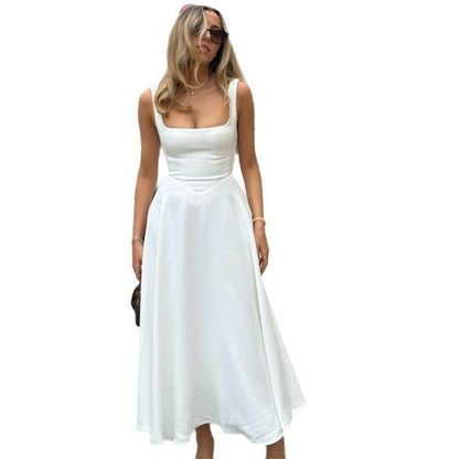 Elegant Square Collar Sleeveless Waist Sling dress Women