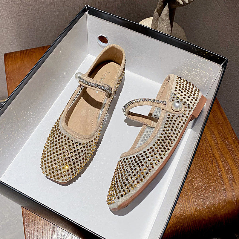 Elegant Square Toe Mesh Pearl Mary Jane Women's Shoes