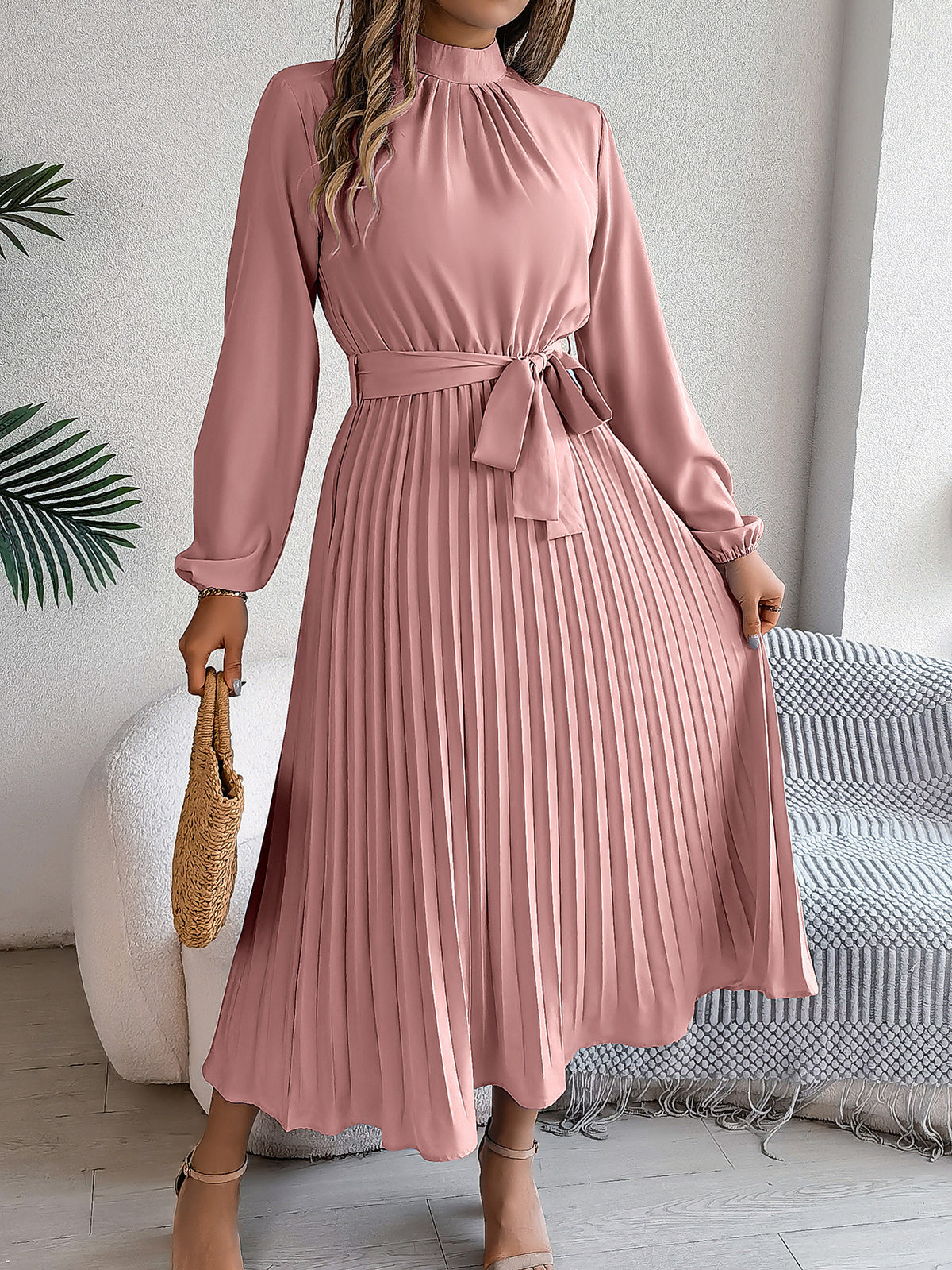 Elegant Stand Collar Pleated Long Dress