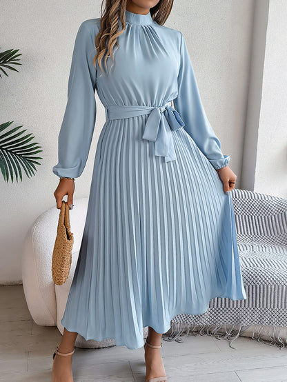 Elegant Stand Collar Pleated Long Dress