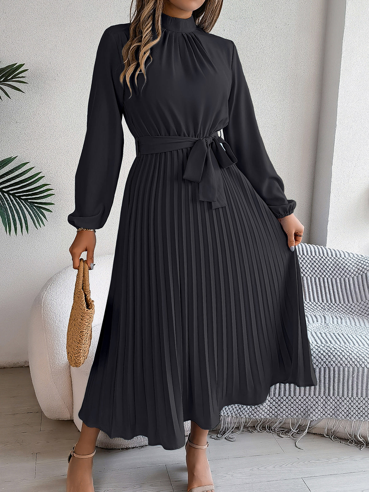 Elegant Stand Collar Pleated Long Dress