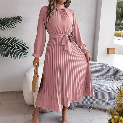 Elegant Stand Collar Pleated Long Dress