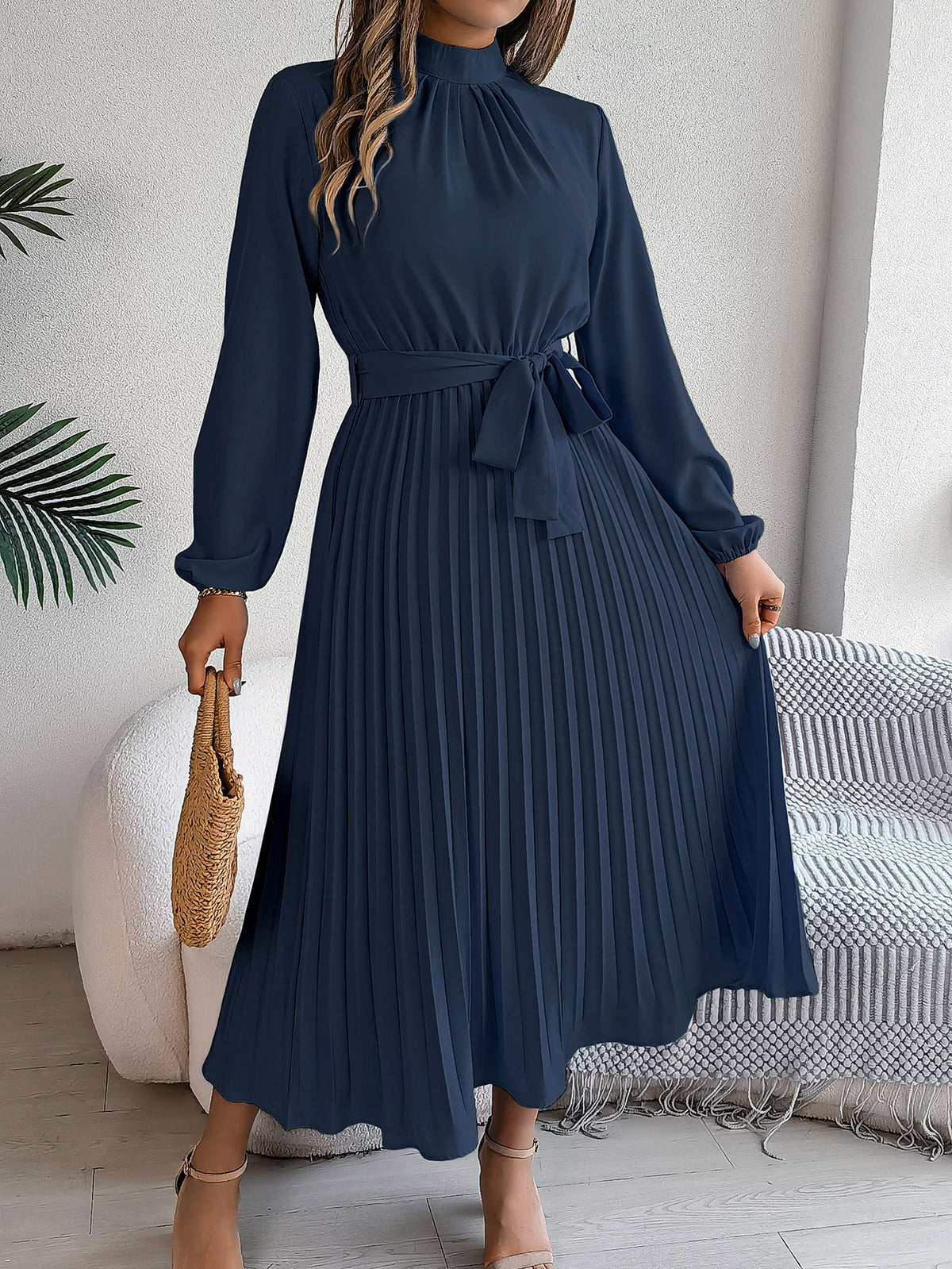 Elegant Stand Collar Pleated Long Dress