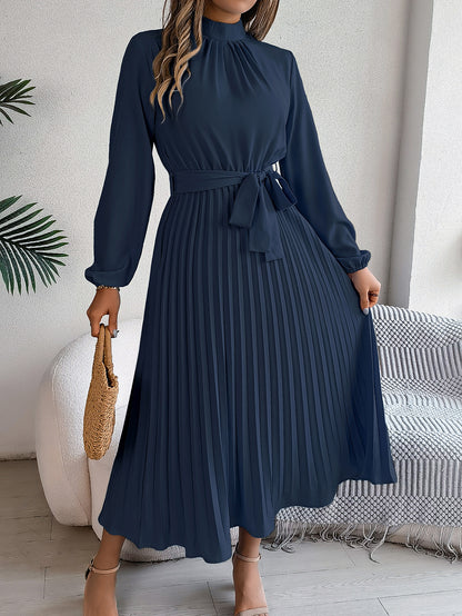 Elegant Stand Collar Pleated Long Dress