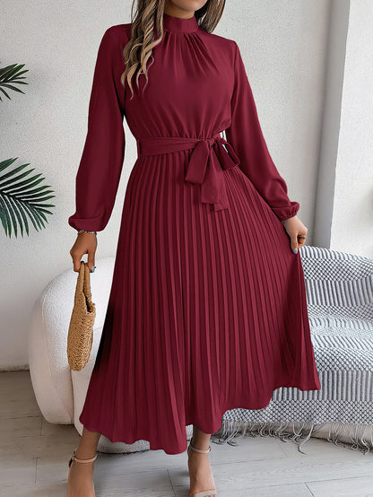Elegant Stand Collar Pleated Long Dress