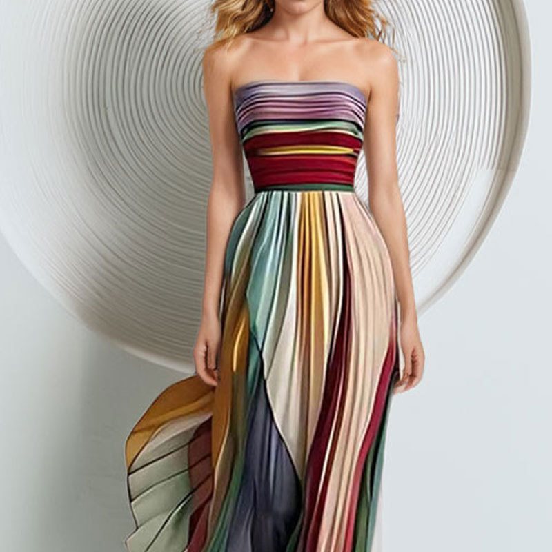 Elegant Strapless Print Long Dress
