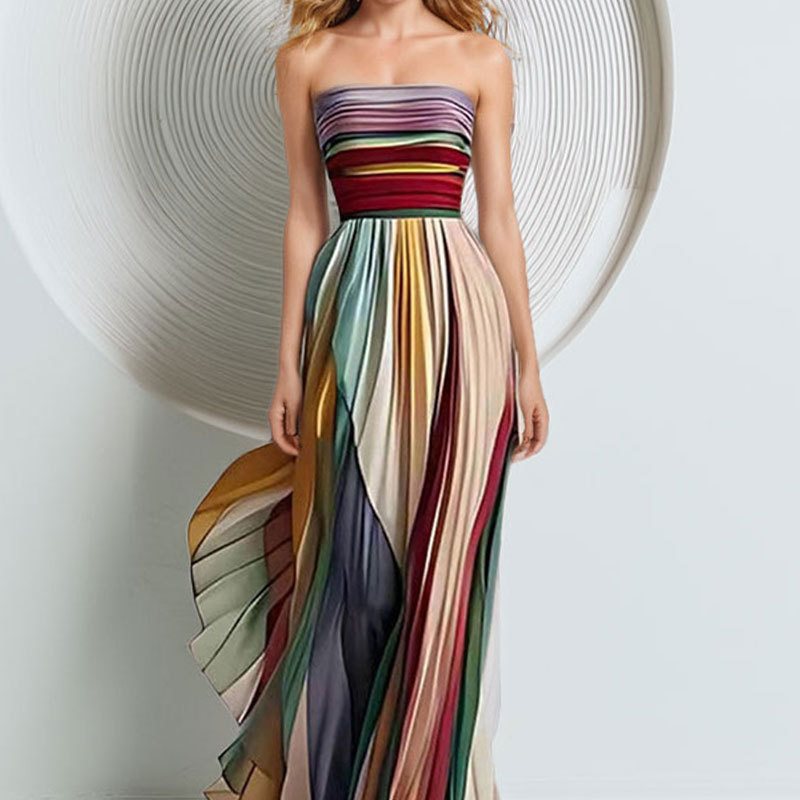 Elegant Strapless Print Long Dress