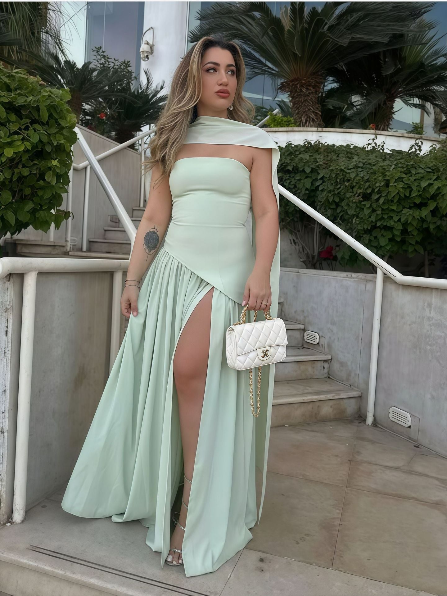 Elegant Strapless Split Long Dress