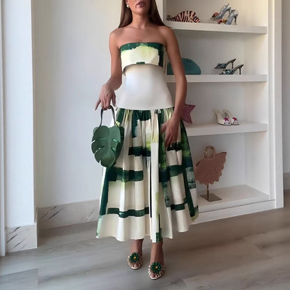 Elegant style printed off-shoulder fitted mid-length dress