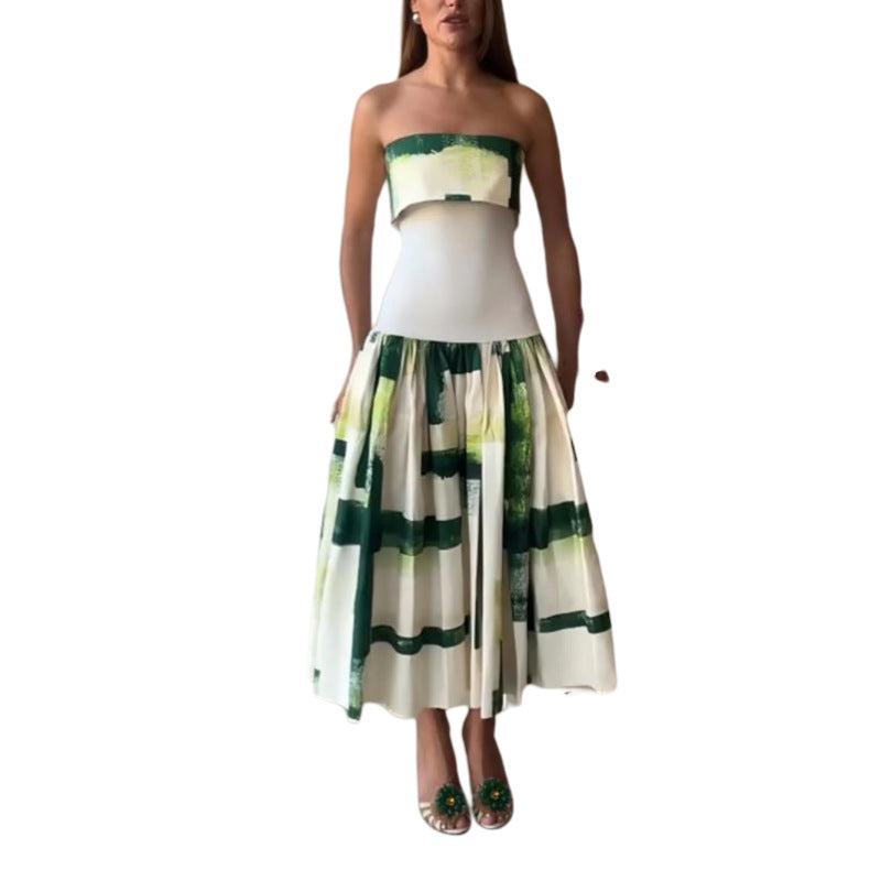 Elegant style printed off-shoulder fitted mid-length dress