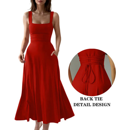 Elegant Thick Strap Square Neck Long Dress