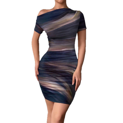 Elegant Tie-Dye Slant Shoulder Short-Sleeved Dress
