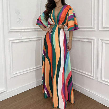 Elegant Tie Waist Printed Long Dress