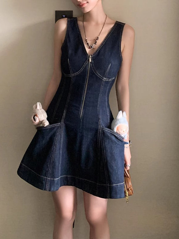 Elegant V - neck Denim Vest Dress
