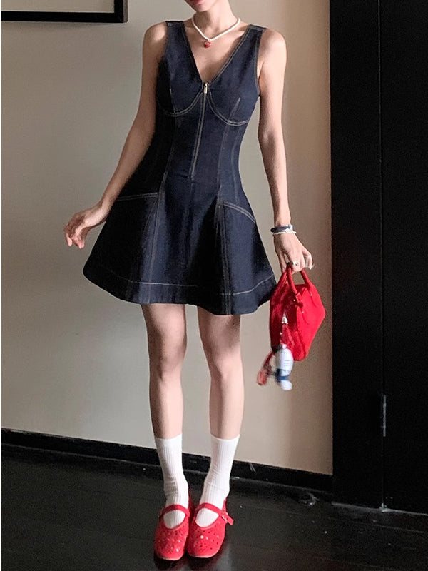 Elegant V - neck Denim Vest Dress
