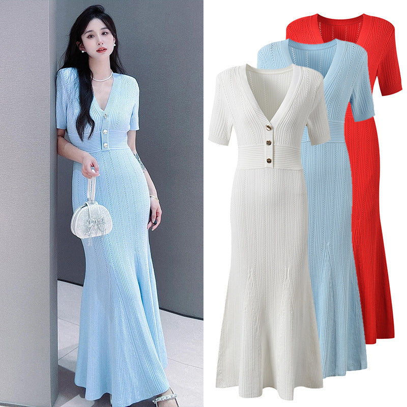 Elegant V-Neck Fishtail Knit Dress