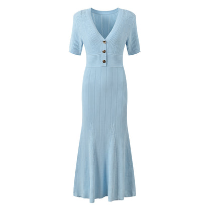 Elegant V-Neck Fishtail Knit Dress