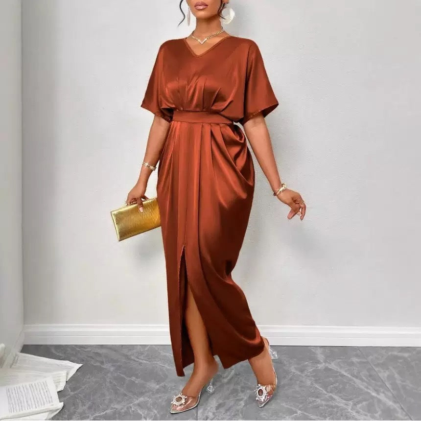 Elegant V-Neck High Waist Slit Dress