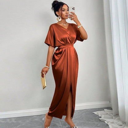 Elegant V-Neck High Waist Slit Dress