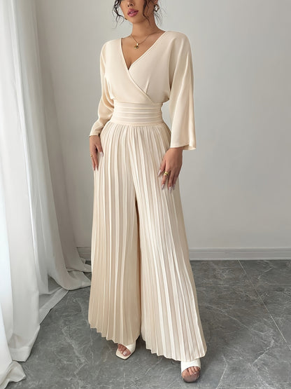 Elegant V-Neck High-Waisted Pleated Jumpsuit