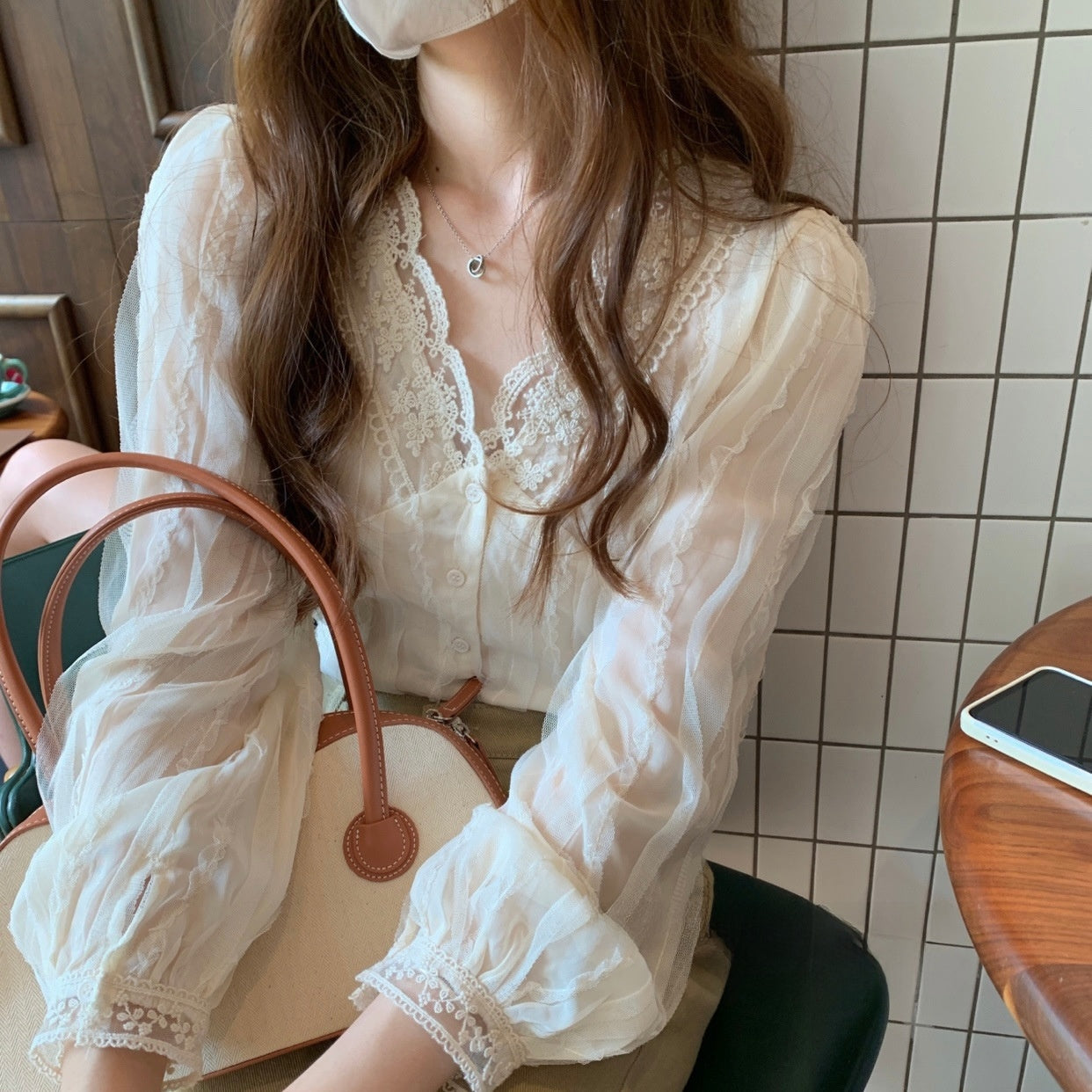 Elegant V-neck Lace Shirt Long Sleeve