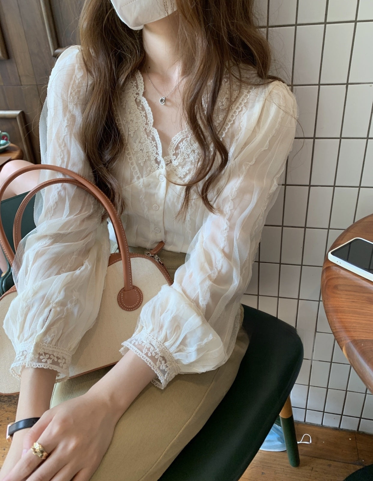 Elegant V-neck Lace Shirt Long Sleeve