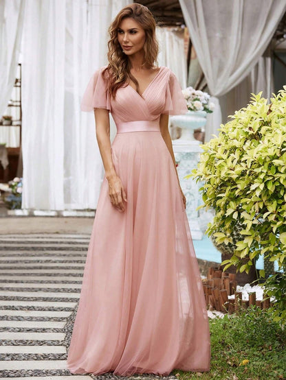 Elegant V-Neck Mesh Evening Dress