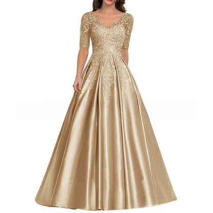 Elegant V-Neck Mid-Sleeve Long Evening Dress