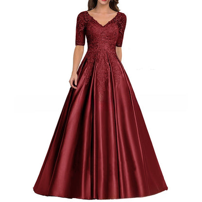 Elegant V-Neck Mid-Sleeve Long Evening Dress