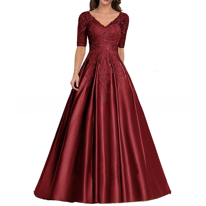 Elegant V-Neck Mid-Sleeve Long Evening Dress