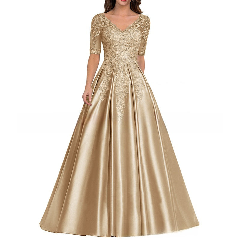 Elegant V-Neck Mid-Sleeve Long Evening Dress