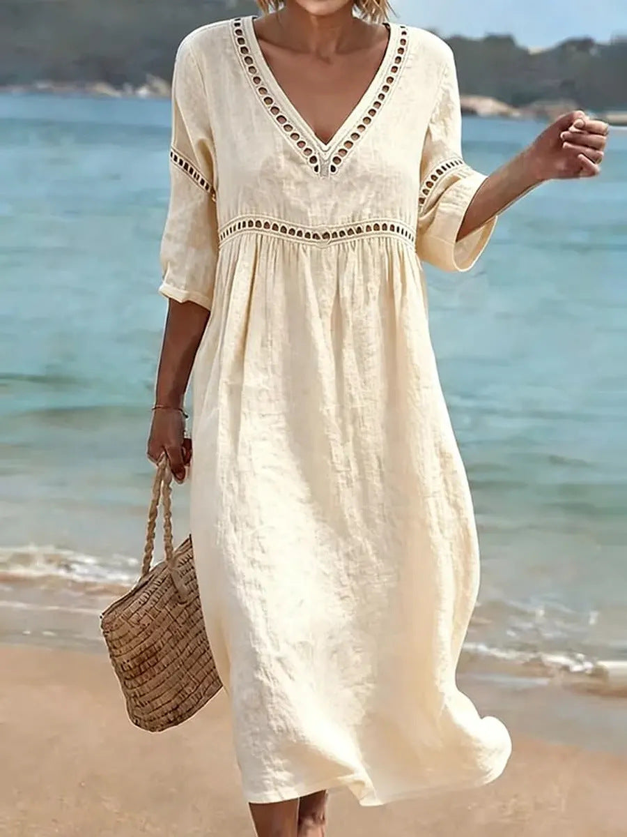 Elegant V-Neck Mid-Sleeve Solid Color Women Dress Spring Summer