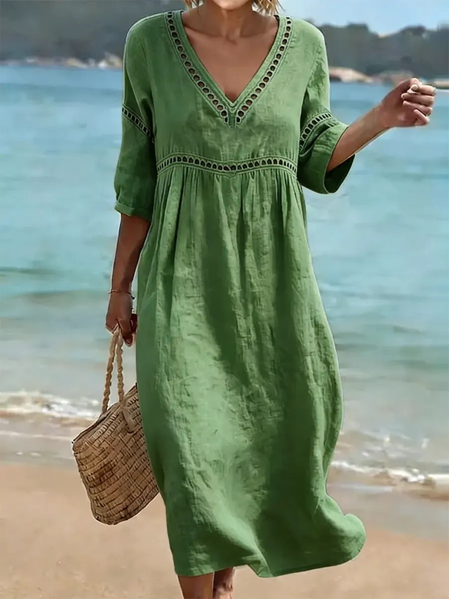 Elegant V-Neck Mid-Sleeve Solid Color Women Dress Spring Summer