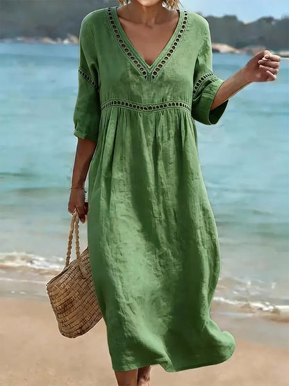 Elegant V-Neck Mid-Sleeve Solid Color Women Dress Spring Summer