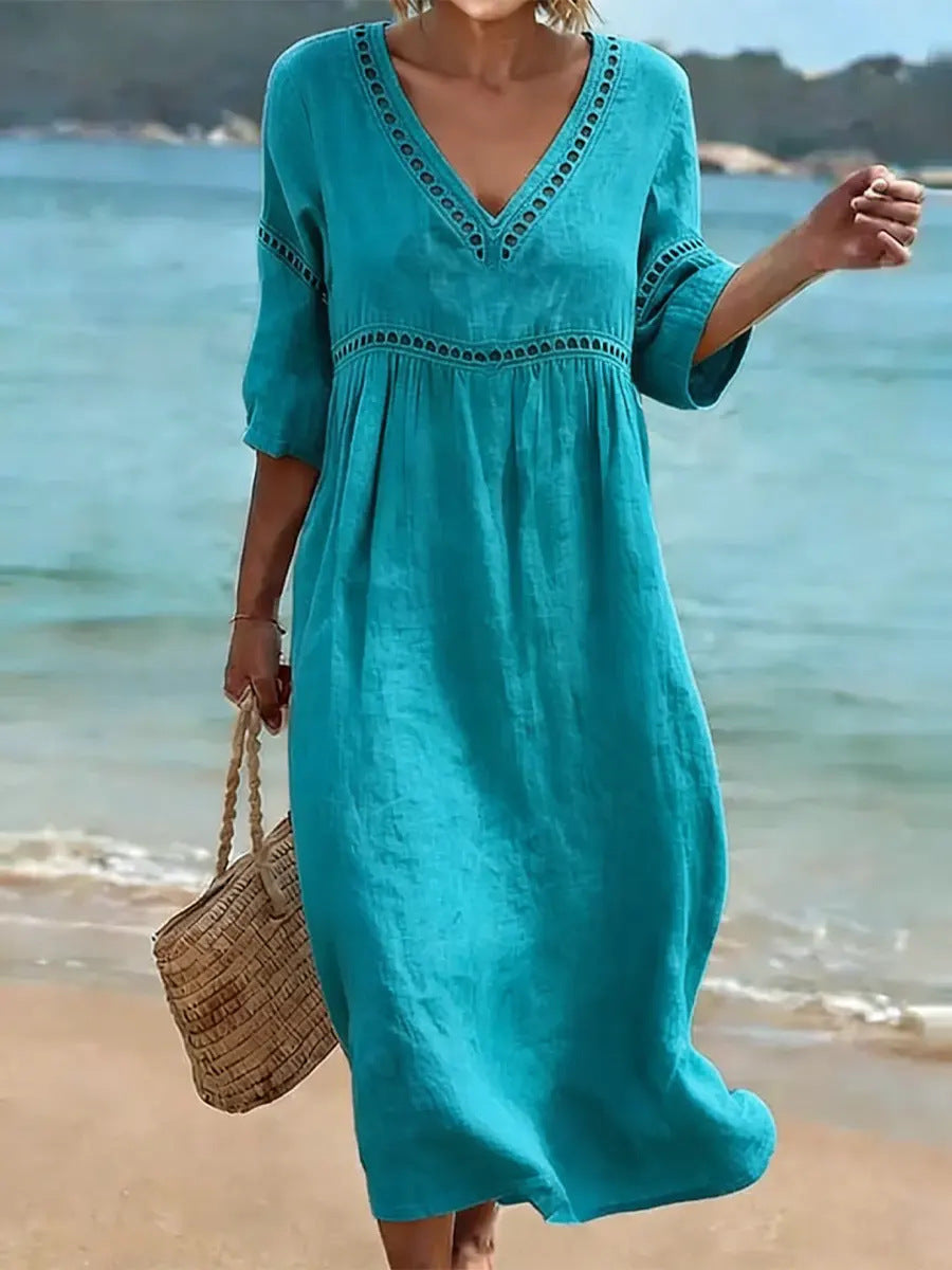 Elegant V-Neck Mid-Sleeve Solid Color Women Dress Spring Summer
