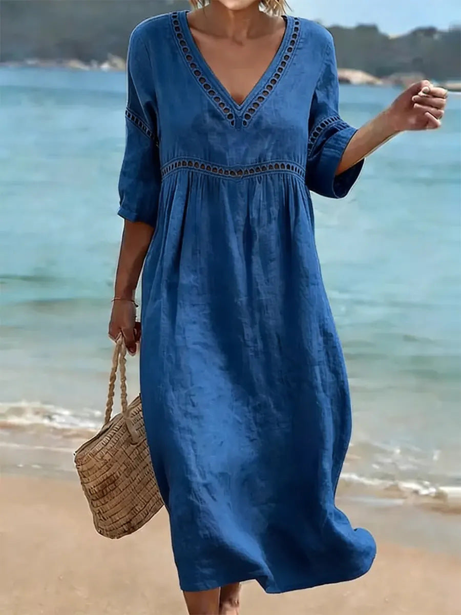 Elegant V-Neck Mid-Sleeve Solid Color Women Dress Spring Summer