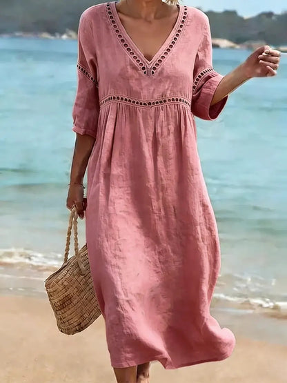 Elegant V-Neck Mid-Sleeve Solid Color Women Dress Spring Summer