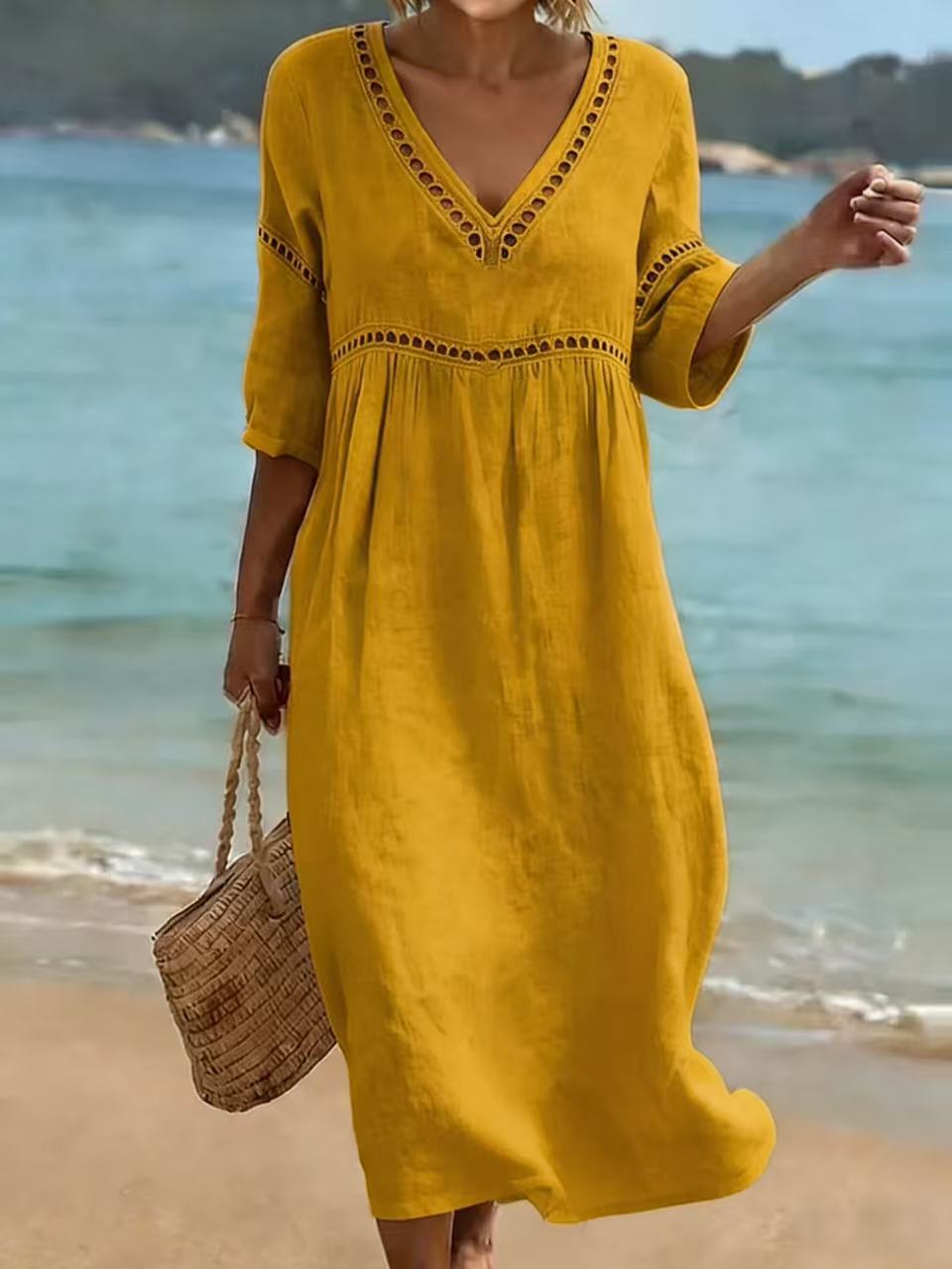 Elegant V-Neck Mid-Sleeve Solid Color Women Dress Spring Summer