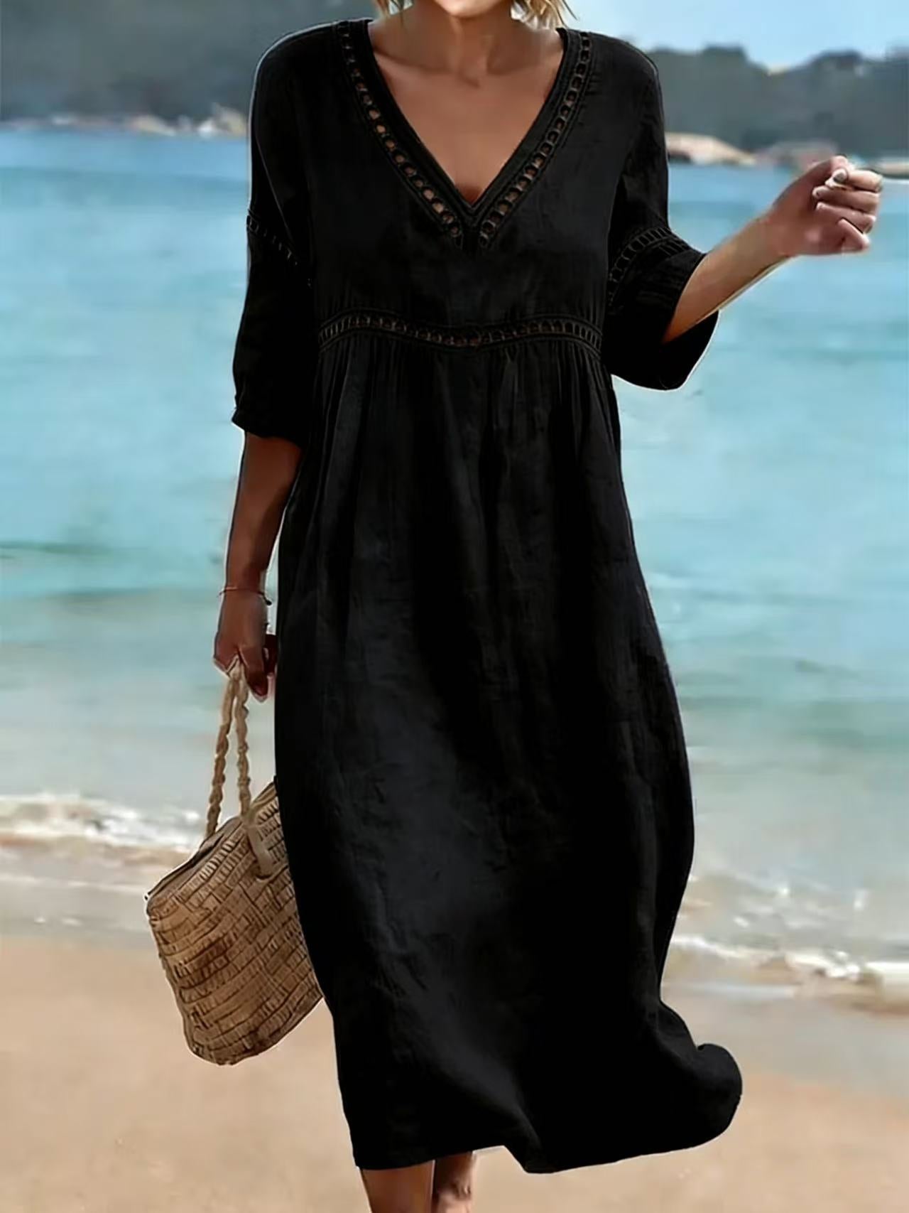 Elegant V-Neck Mid-Sleeve Solid Color Women Dress Spring Summer