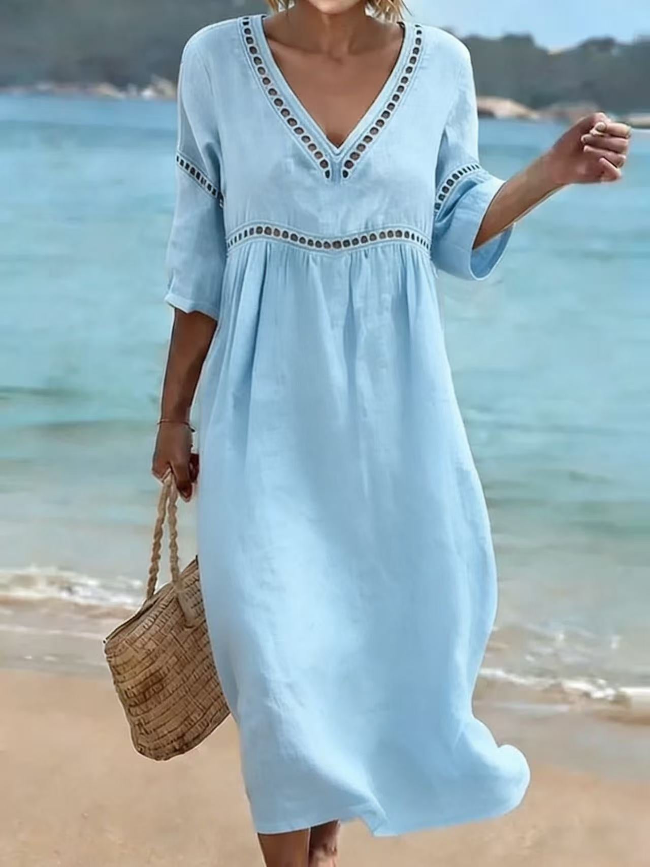 Elegant V-Neck Mid-Sleeve Solid Color Women Dress Spring Summer