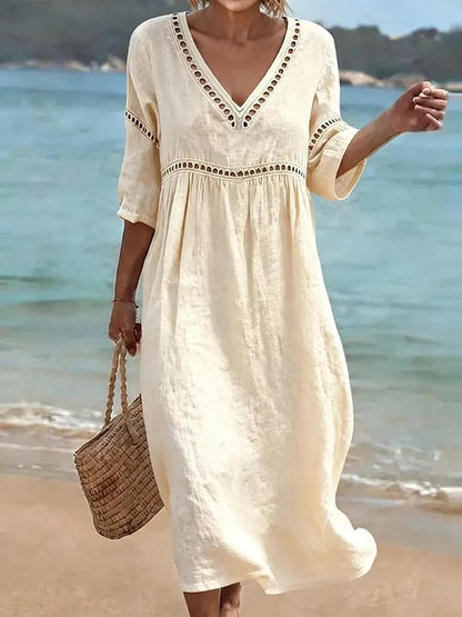 Elegant V-Neck Mid-Sleeve Solid Color Women Dress Spring Summer